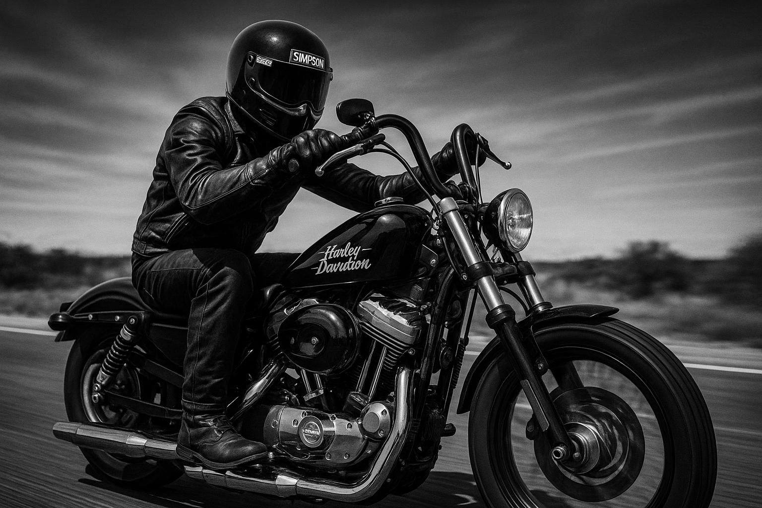 give the rider a Simpson full face helmet, and make the sportster have risers and pull back bars